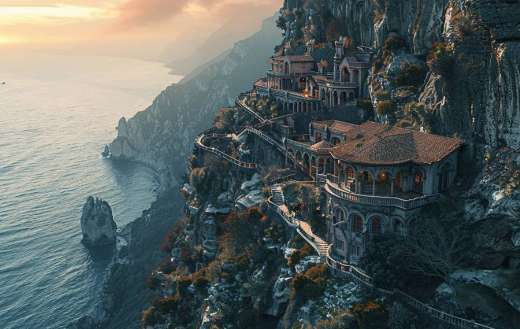 A dramatic cliff side village perched on the edge of rocks mountain