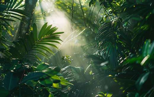 A tropical rain forest with a variety of plants
