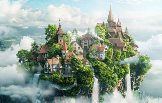 A whimsical floating island with waterfalls cascading