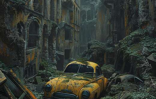 Abandoned small yellow car in the ruins