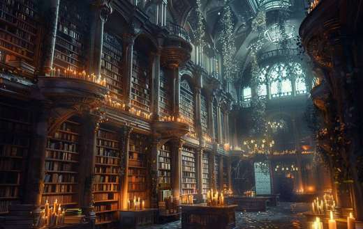 An ancient enchanted library filled with tower