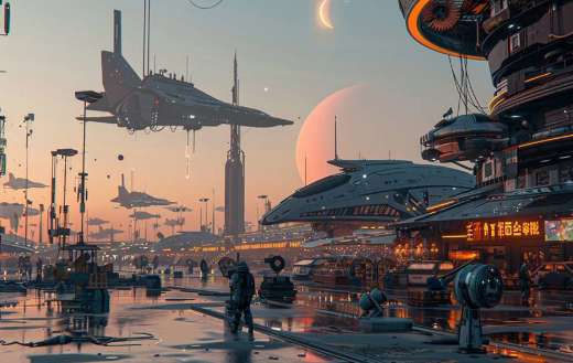 Bustling spaceport on a distant planet