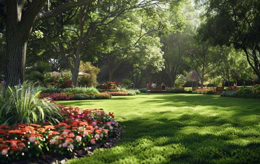 Garden park with expansive lawns blooming flowers