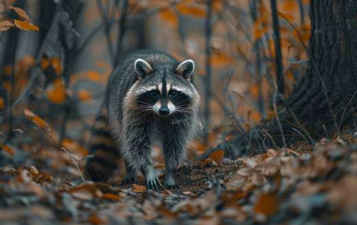 Raccoon exploring a woodland area