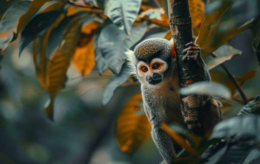 A curious monkey hanging from tree branch