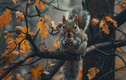 A curious squirrel perched on a tree branch holding nuts