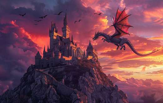 A dragon flying around the castle