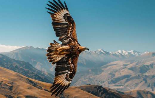 A majestic eagle flying high above mountainous land