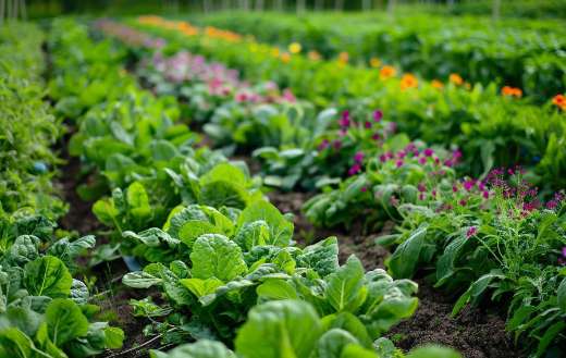 A picturesque vegetable garden with rows of fresh green vegetables