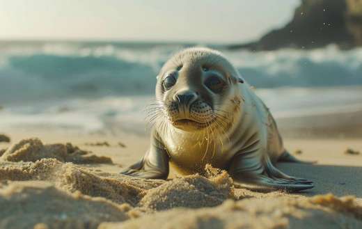 A playful seal pup on a sandy beach