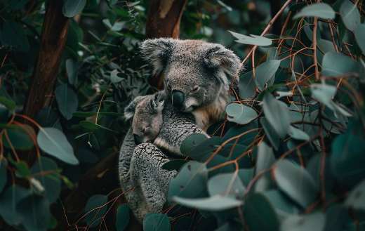 A serene image of a mother koala with her baby clinging on her