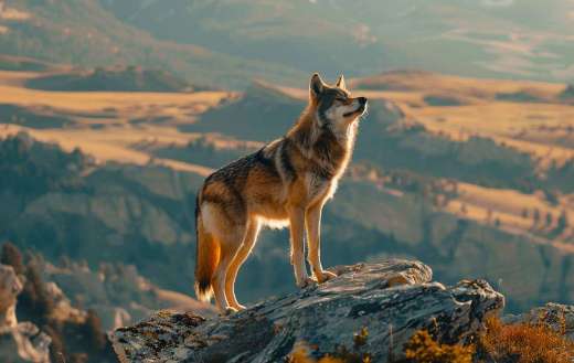 A wolf standing in a rocky outcrop howling