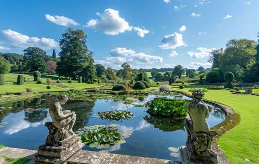 Beautiful english park garden landscape and pool