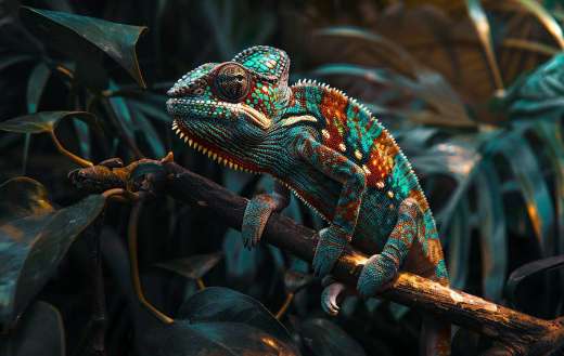 Colorful cameleon clinging to a branch