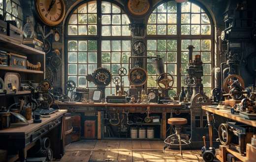 Magical steampunk workshop filled with nice inventions