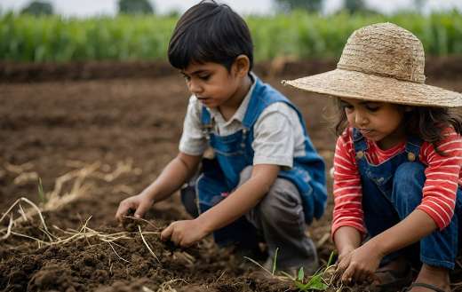 Two kids in the farm playing