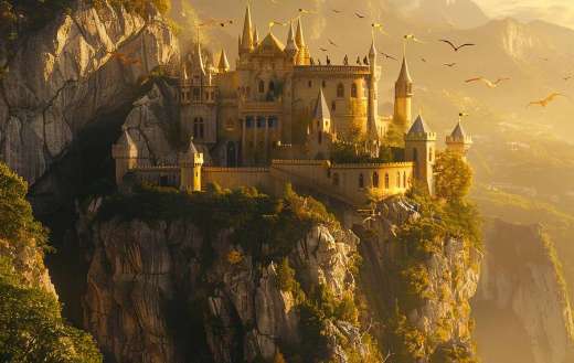 A castle built in the side of a mountain