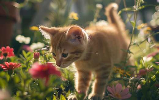 A kitten exploring in a garden