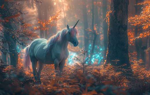 A magical forest with towering bioluminescent trees and unicorn