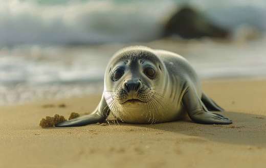 A playful seal pup in the sand