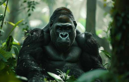 A powerful gorella sitting in a lush of jungle