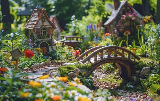 A whimsical fairy garden with miniature houses tiny house