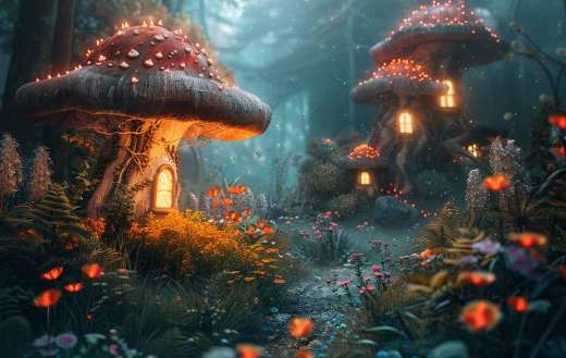 A whimsical fairy tale forest with oversized mushroom