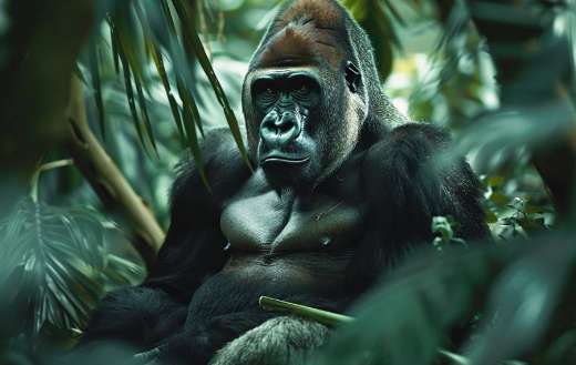 A gorilla sitting in a jungle