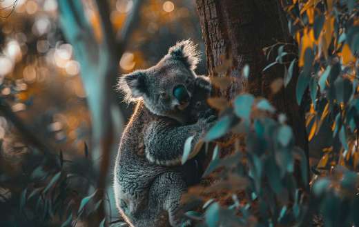 Baby koala clinging to her mother
