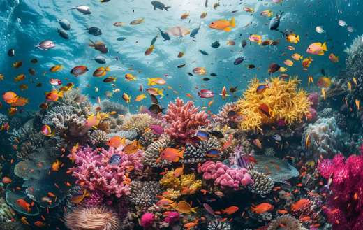 Coral reef temming with colorful fishes
