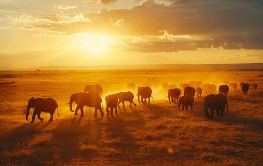 Herd of elephants walking across the desert