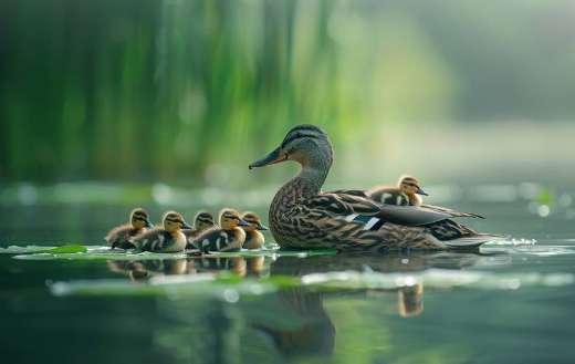Image of a mother duck leading her ducklings
