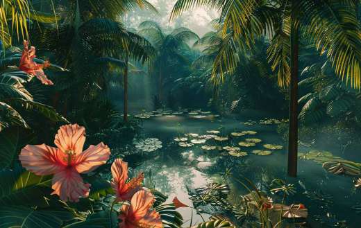 Tropical garden with towering palm trees