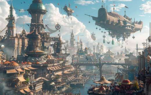 A bustling fantasy city_with towering spires floating