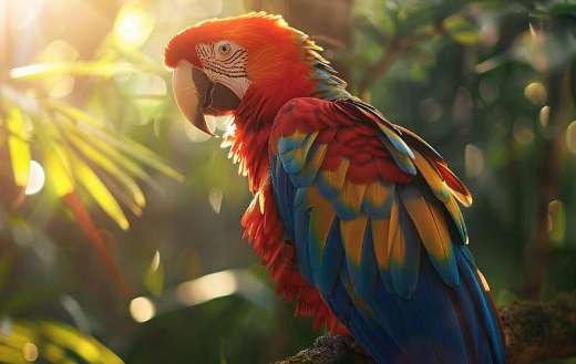A colorful parrot perched on a branch in a tropical
