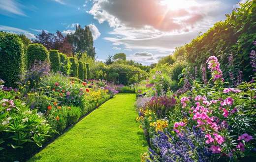 Charming English garden with a mix of colorful flow