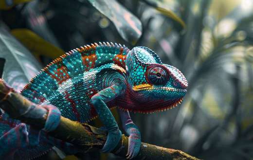 Vibrant chameleon clinging to a branch