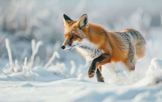 Fox playing running through the snow