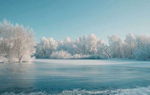 Frozen lake surrounded with frozen trees