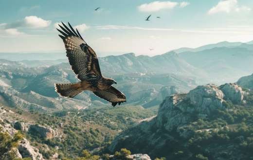 Hawk flying high above mountain
