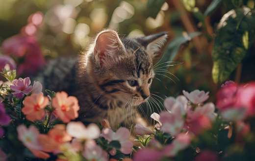 Kitten in a garden with blooming flowers