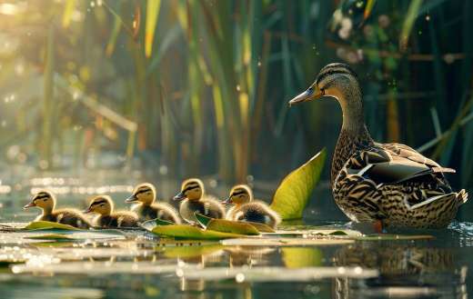 Mother duck leading her ducklings