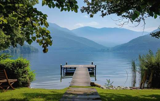 Peaceful lakeside with small wooden dock