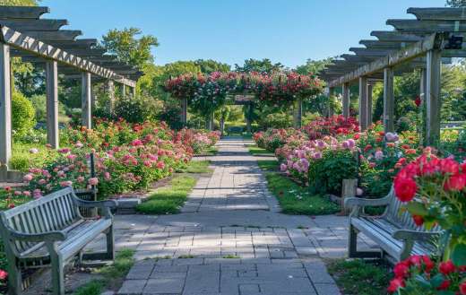 Rose garden with rows of blooming rose flowers