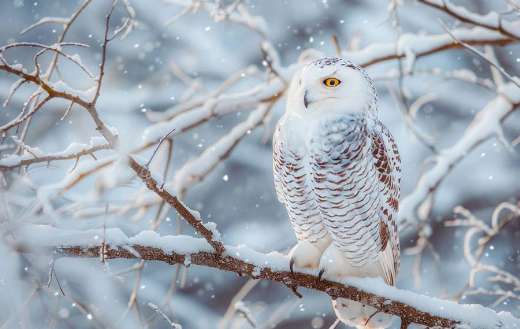 Snowy owl on a tree branch