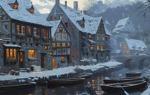 Winter houses next to lake