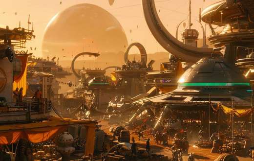 A bustling spaceport on a distant planet