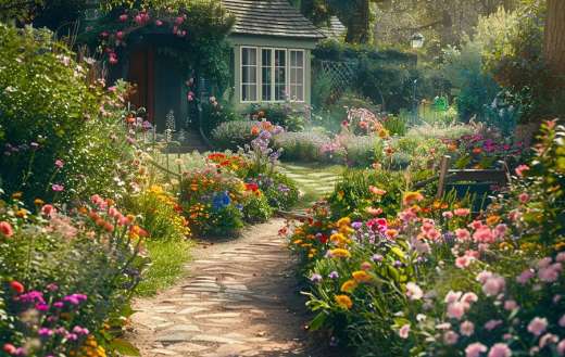 A charming cottage garden with winding paths a variety
