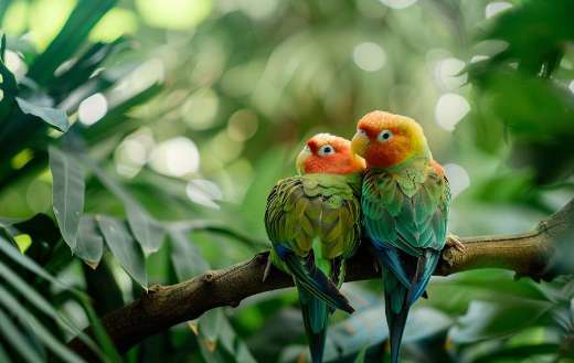 A serene scene of a pair of lovebirds perched on a branch