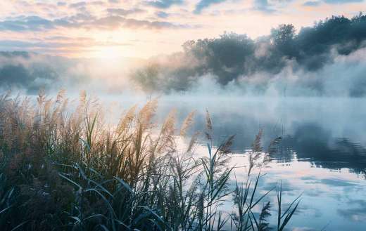Lake at dawn with mist